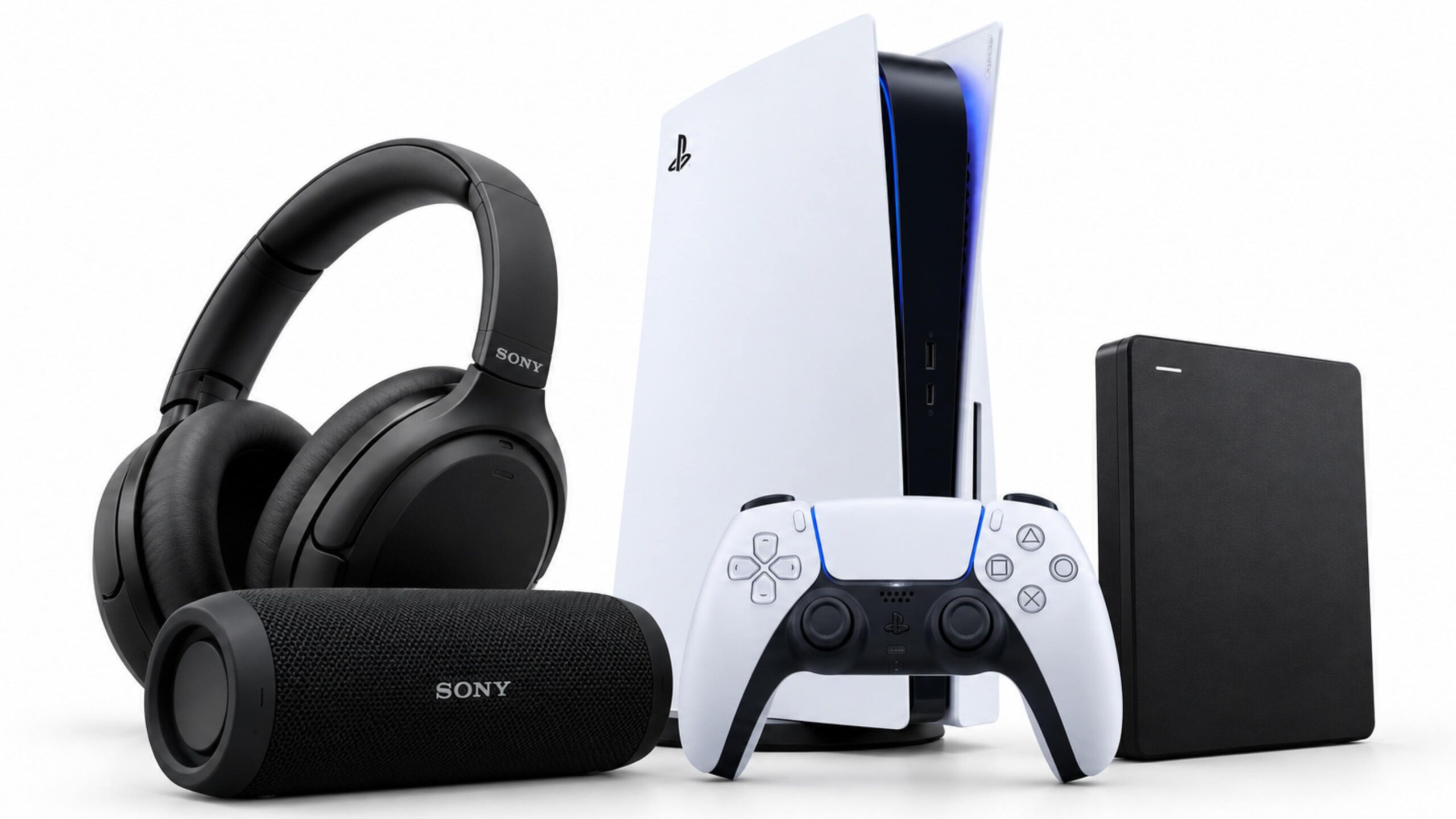 Refurbished Sony headphones, PlayStation 5 console and controller, Sony speaker, and external drive