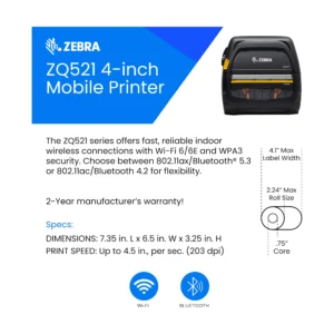 Zebra ZQ521 4-Inch Mobile Label Printer with Wi-Fi and Bluetooth